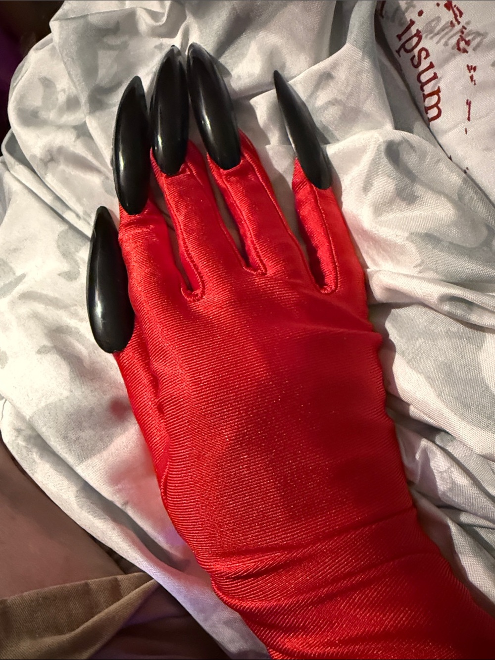 New Women’s Red Satin Costume Elbow Glove with Black Fingernails